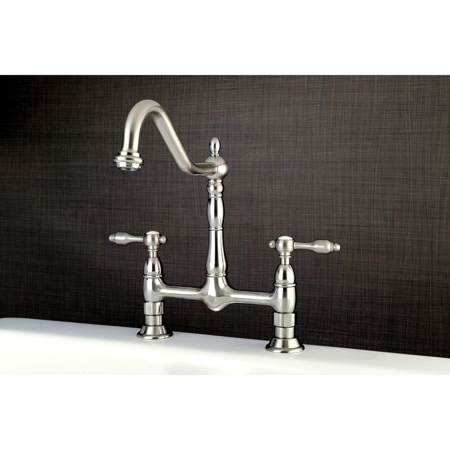 Kingston Heirloom KS1178TAL - Tudor Two-Handle 2-Hole Deck Mount Bridge Kitchen Faucet, Brushed Nickel — thumbnail 3